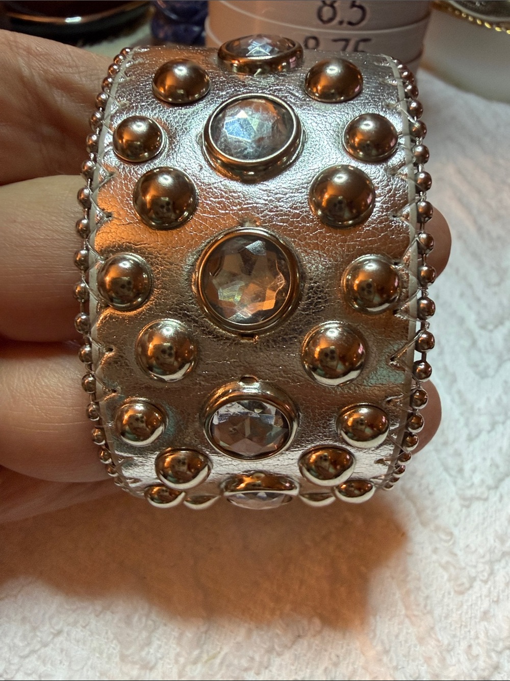 Silver Tone Crystal-Stud Wide Faux Leather Cuff Bracelet - Women Jewelry